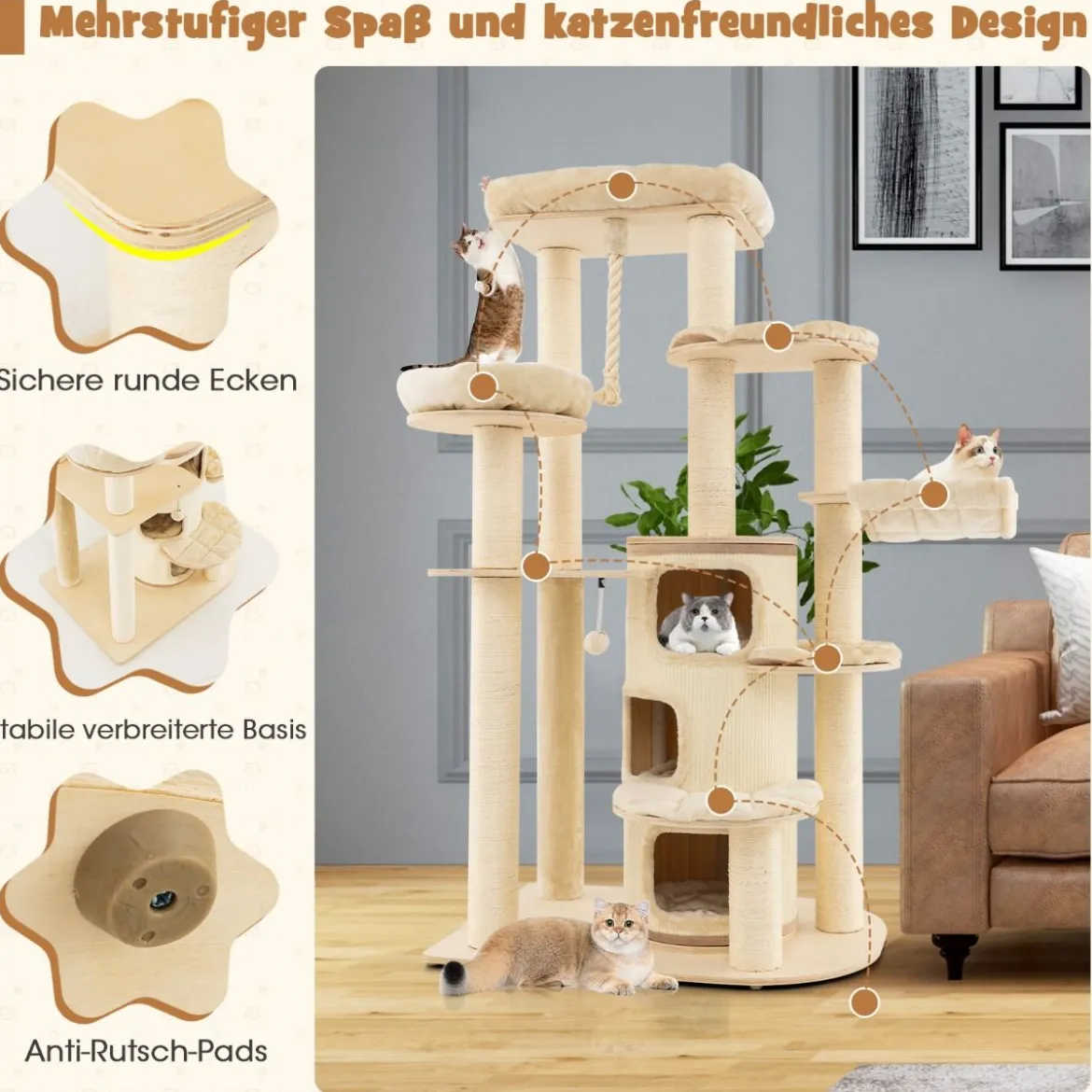 173 cm Kratzbaum aus Holz mit Katzenhöhle & Matten & Ball & Hängeseil Katzenbaum Beige