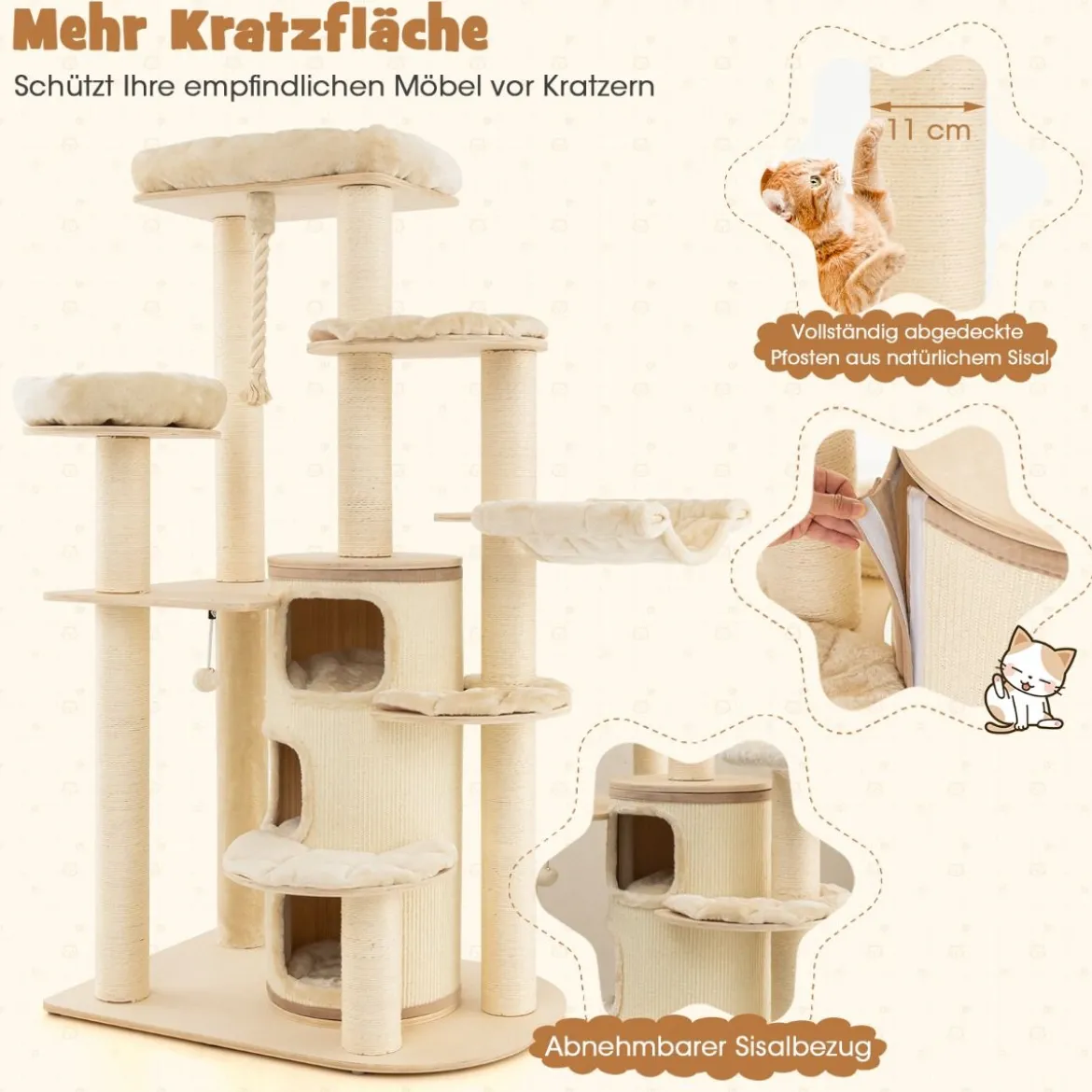 173 cm Kratzbaum aus Holz mit Katzenhöhle & Matten & Ball & Hängeseil Katzenbaum Beige