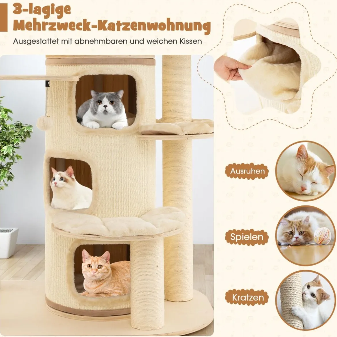 173 cm Kratzbaum aus Holz mit Katzenhöhle & Matten & Ball & Hängeseil Katzenbaum Beige