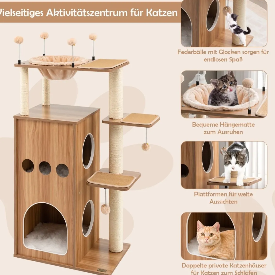 132,5 cm Kratzbaum aus Holz mit 2-stöckiger Katzenhöhle & Hängematte & Federbällen Katzenbaum