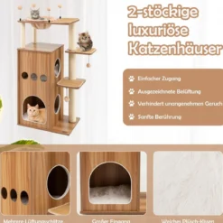 132,5 cm Kratzbaum aus Holz mit 2-stöckiger Katzenhöhle & Hängematte & Federbällen Katzenbaum