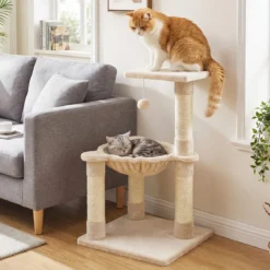 64cm Kratzbaum Aussichtsplatz Hängematte Sisal Kratzstämme Ball Kletterplattformen Beige