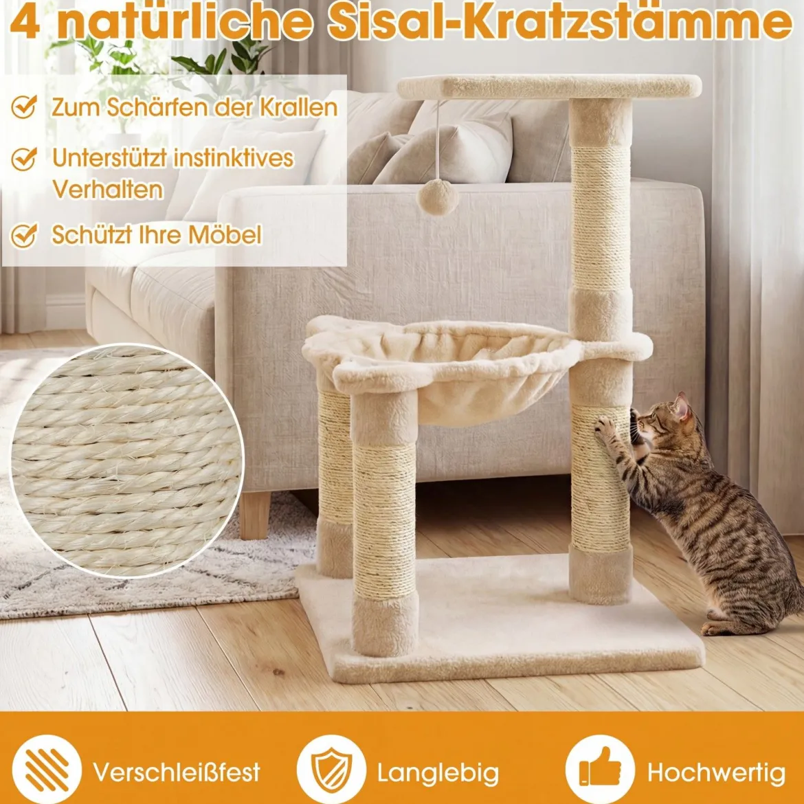64cm Kratzbaum Aussichtsplatz Hängematte Sisal Kratzstämme Ball Kletterplattformen Beige