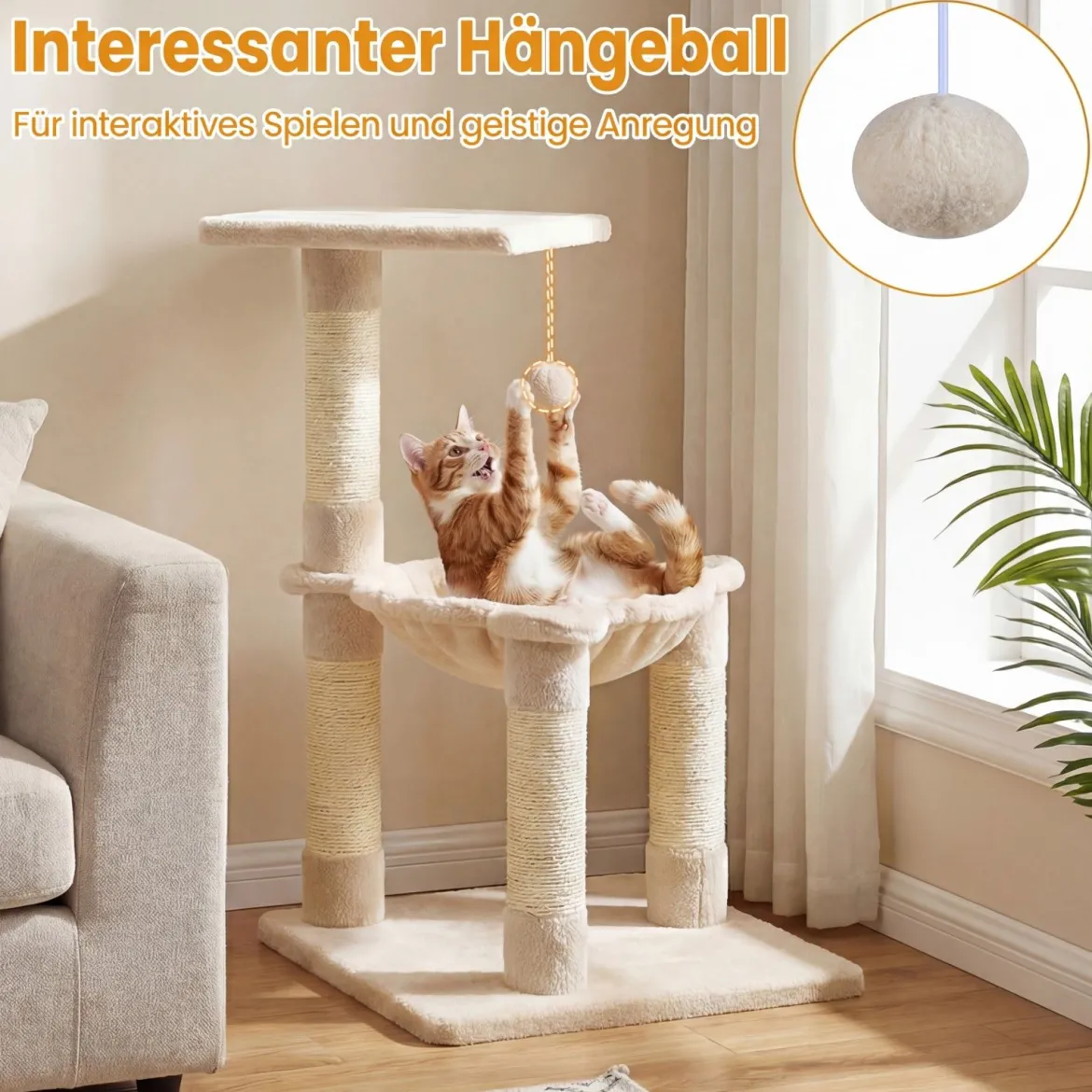 64cm Kratzbaum Aussichtsplatz Hängematte Sisal Kratzstämme Ball Kletterplattformen Beige