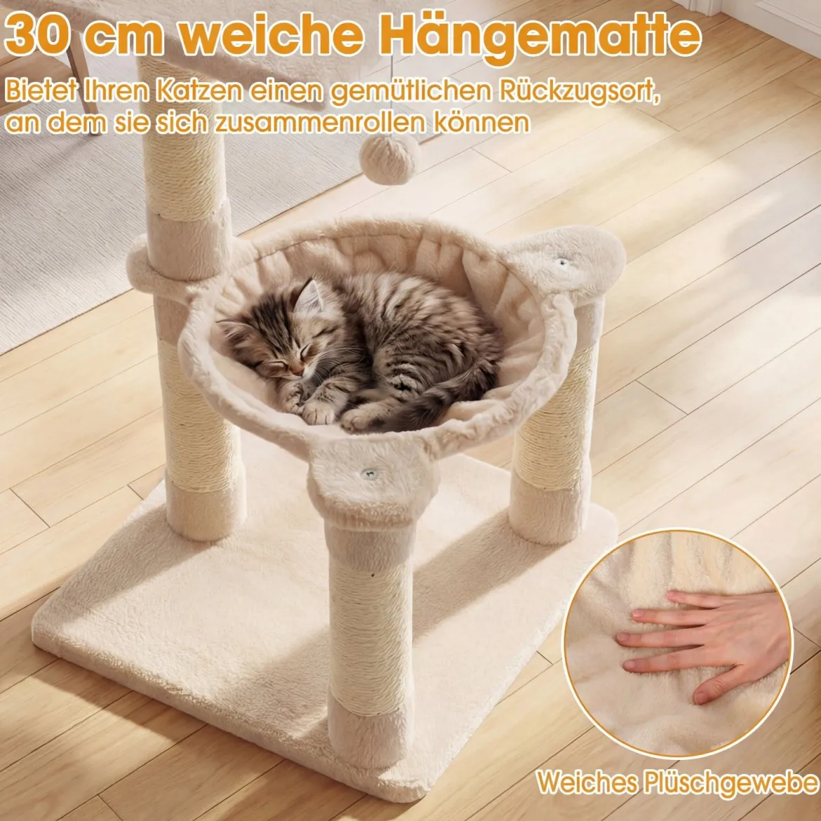 64cm Kratzbaum Aussichtsplatz Hängematte Sisal Kratzstämme Ball Kletterplattformen Beige