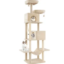 205cm Kratzbaum groß mehrstufiger Katzenbaum mit 2 Höhlen 2 Liegeflächen Sisal-Kratzpfosten Beige