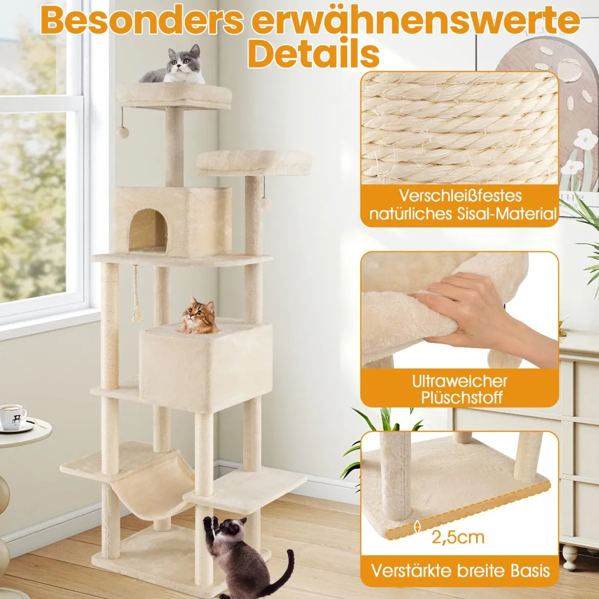 205cm Kratzbaum groß mehrstufiger Katzenbaum mit 2 Höhlen 2 Liegeflächen Sisal-Kratzpfosten Beige