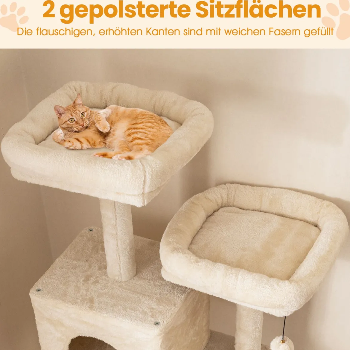 205cm Kratzbaum groß mehrstufiger Katzenbaum mit 2 Höhlen 2 Liegeflächen Sisal-Kratzpfosten Beige