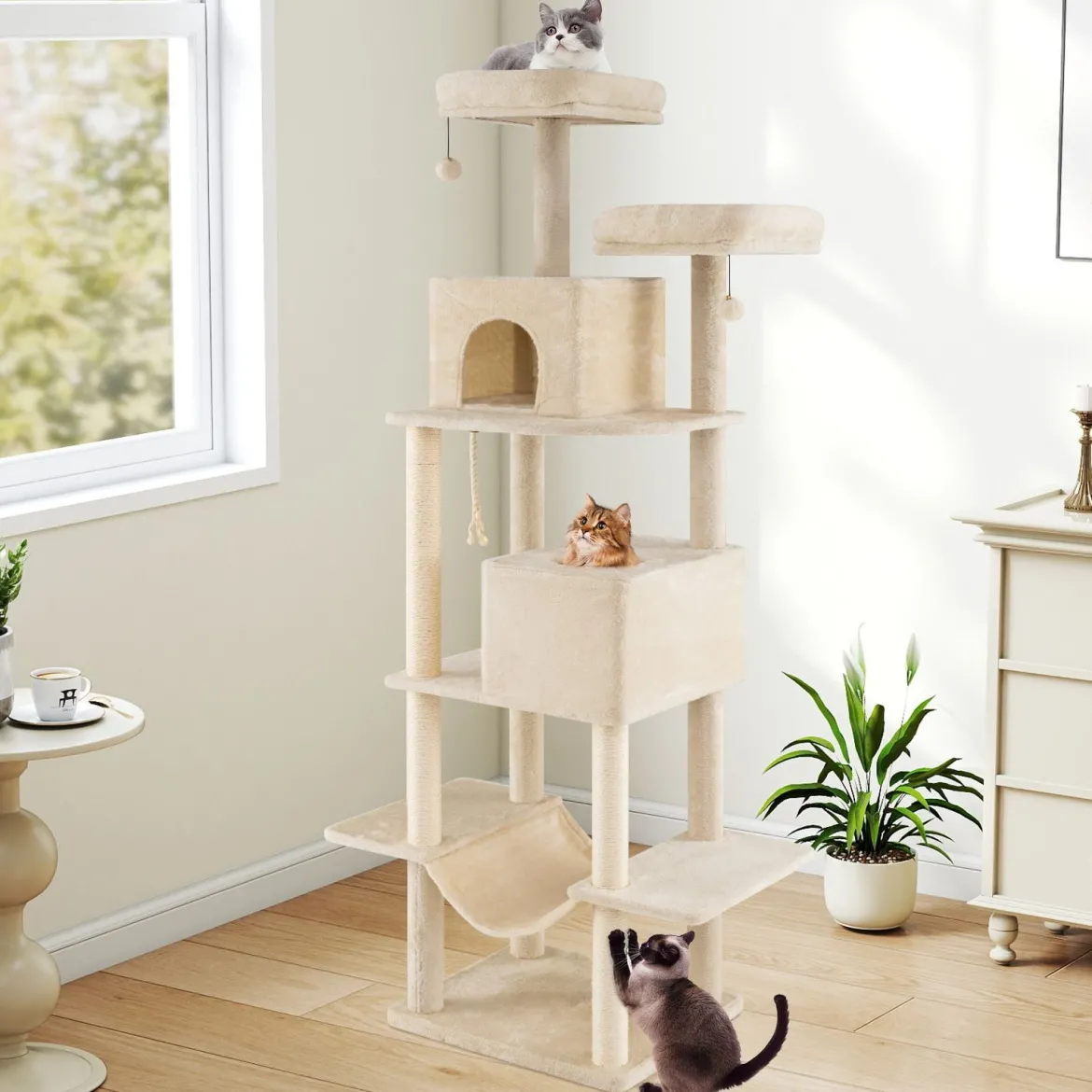 205cm Kratzbaum groß mehrstufiger Katzenbaum mit 2 Höhlen 2 Liegeflächen Sisal-Kratzpfosten Beige