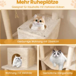 205cm Kratzbaum groß mehrstufiger Katzenbaum mit 2 Höhlen 2 Liegeflächen Sisal-Kratzpfosten Beige