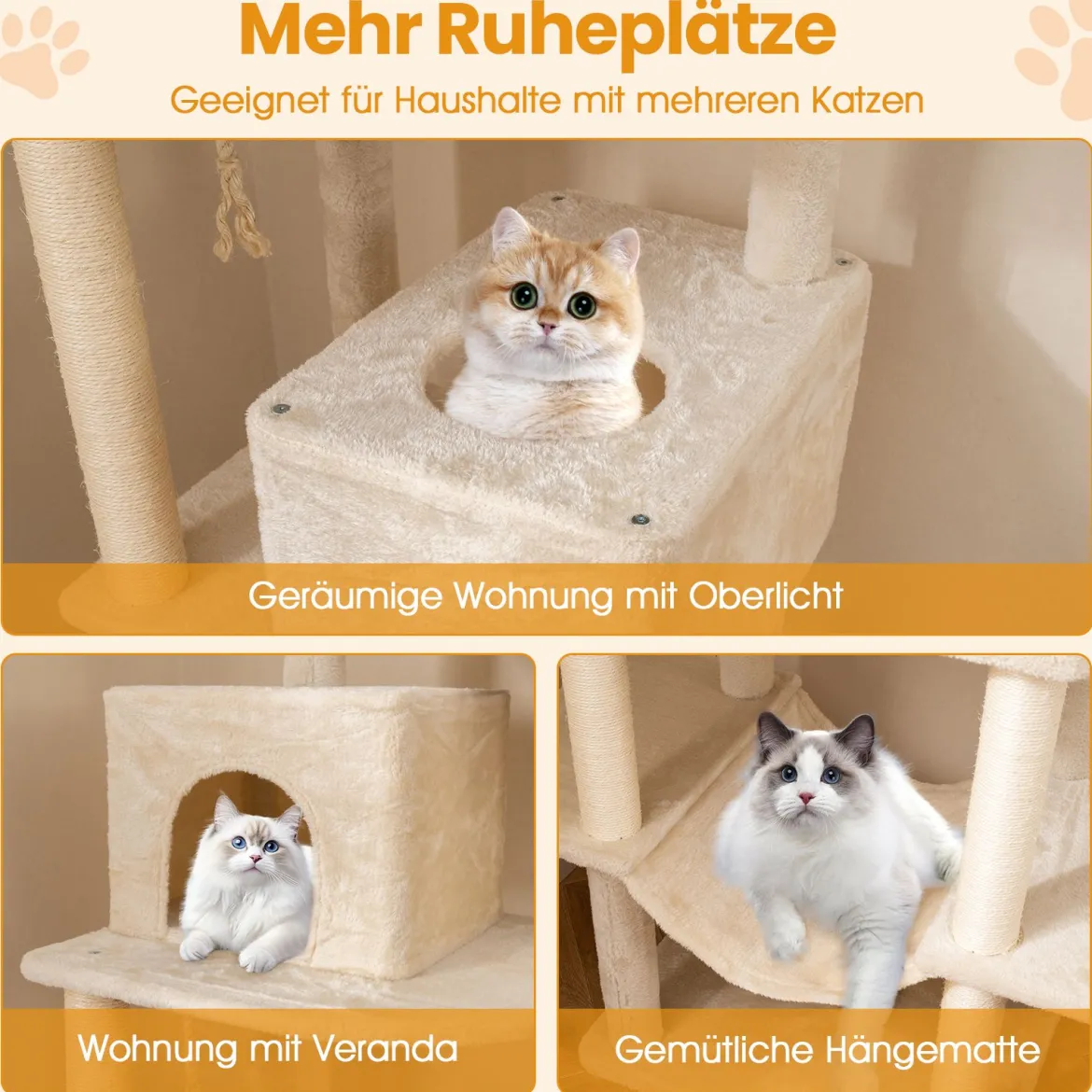 205cm Kratzbaum groß mehrstufiger Katzenbaum mit 2 Höhlen 2 Liegeflächen Sisal-Kratzpfosten Beige