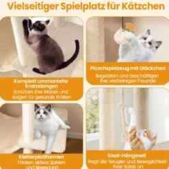 205cm Kratzbaum groß mehrstufiger Katzenbaum mit 2 Höhlen 2 Liegeflächen Sisal-Kratzpfosten Beige