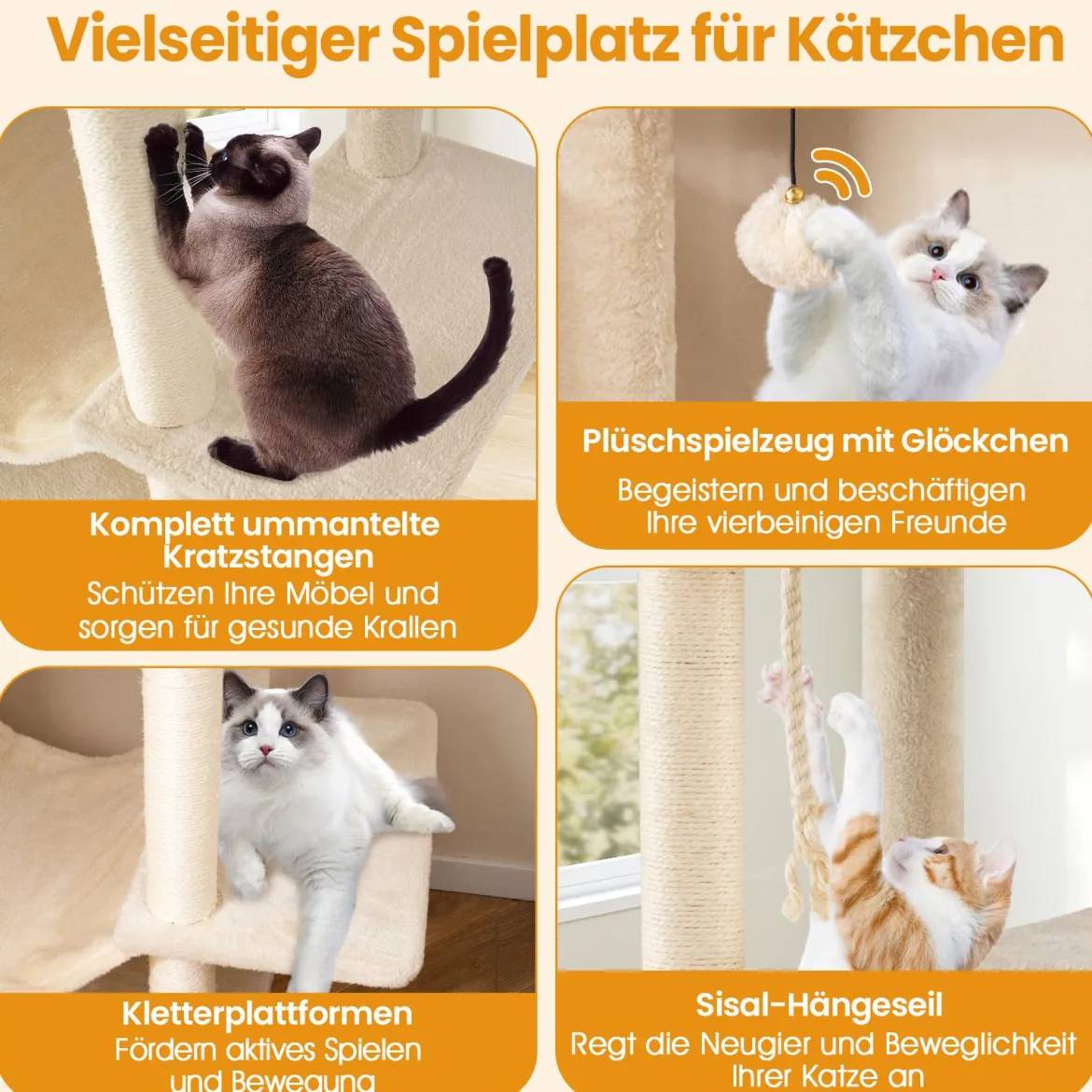 205cm Kratzbaum groß mehrstufiger Katzenbaum mit 2 Höhlen 2 Liegeflächen Sisal-Kratzpfosten Beige