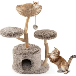 105cm Kratzbaum Holz Katzenbaum mit Katzenhöhle 2 Plüschsitzflächen Korb Kratzpfosten