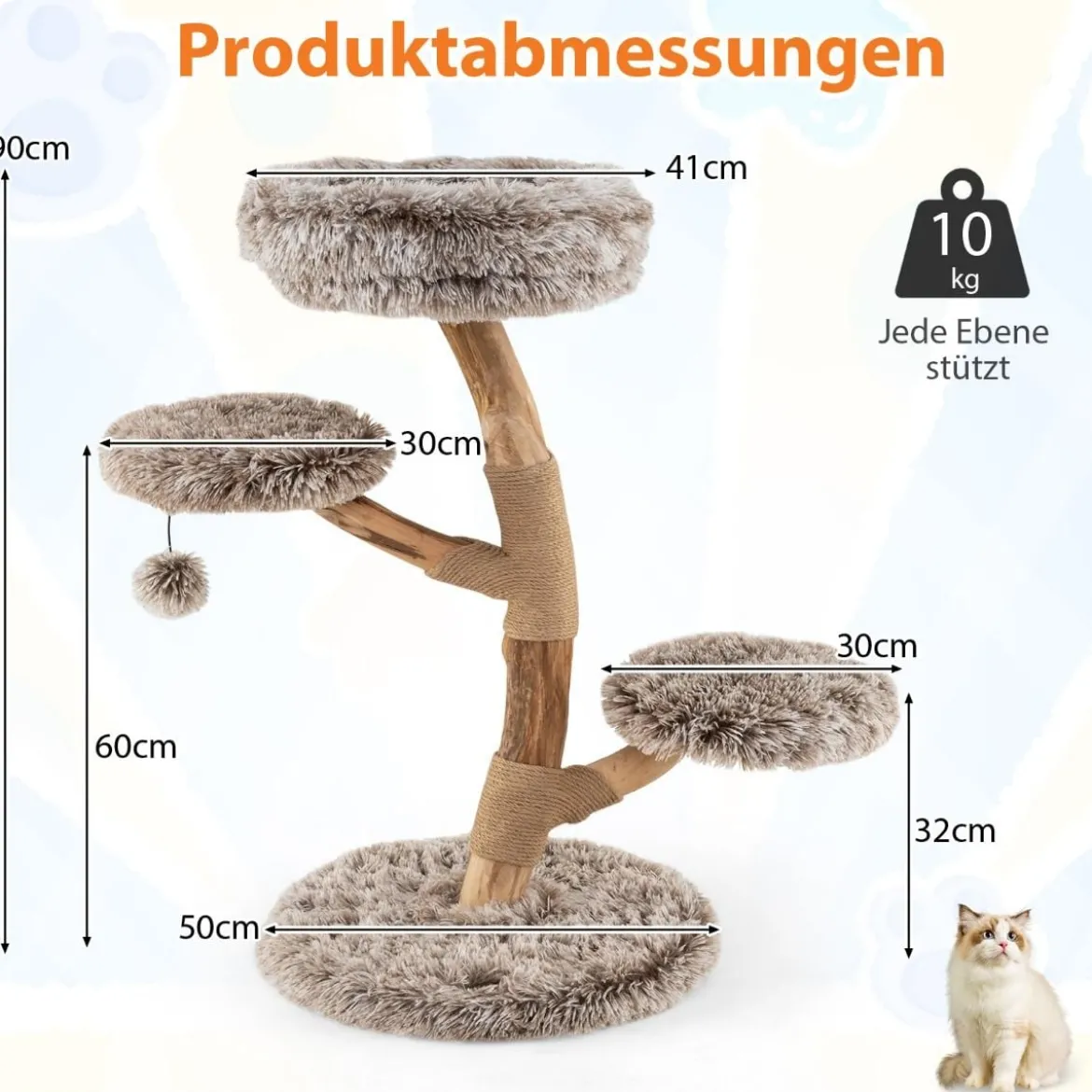 90 cm Kratzbaum Holz Katzenbaum mit 4 Plüschsitzflächen Ball & Kratzpfosten aus Jute