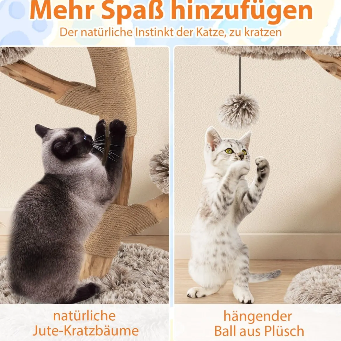 90 cm Kratzbaum Holz Katzenbaum mit 4 Plüschsitzflächen Ball & Kratzpfosten aus Jute