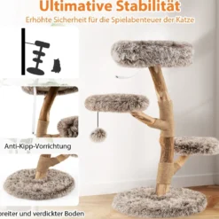 90 cm Kratzbaum Holz Katzenbaum mit 4 Plüschsitzflächen Ball & Kratzpfosten aus Jute