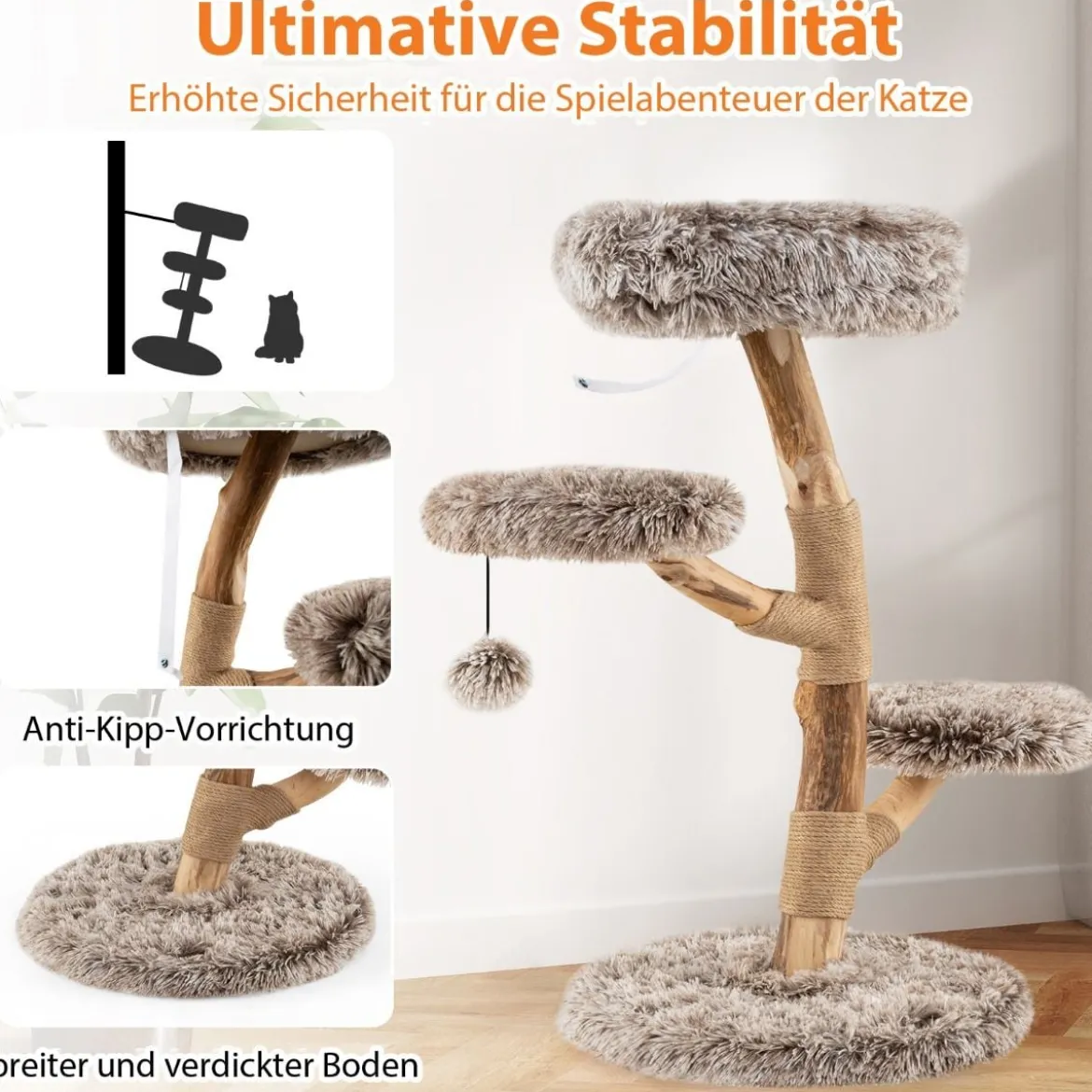 90 cm Kratzbaum Holz Katzenbaum mit 4 Plüschsitzflächen Ball & Kratzpfosten aus Jute