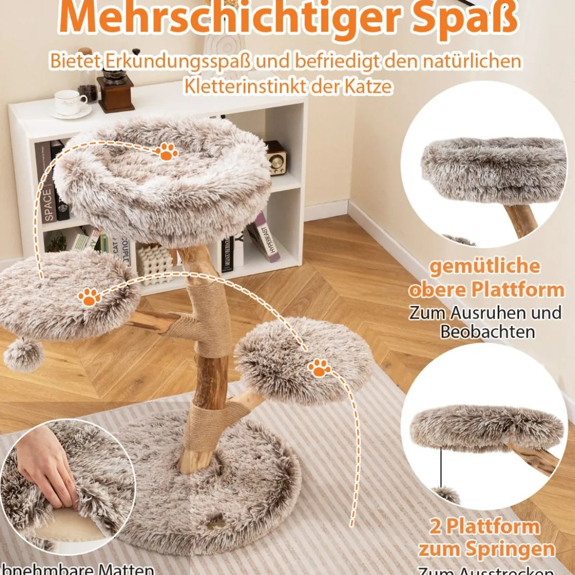90 cm Kratzbaum Holz Katzenbaum mit 4 Plüschsitzflächen Ball & Kratzpfosten aus Jute