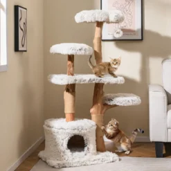 135cm Kratzbaum Holz Katzenbaum mit Katzenhöhle Plüschsitzfläche Sitzplattform & Ball Weiß