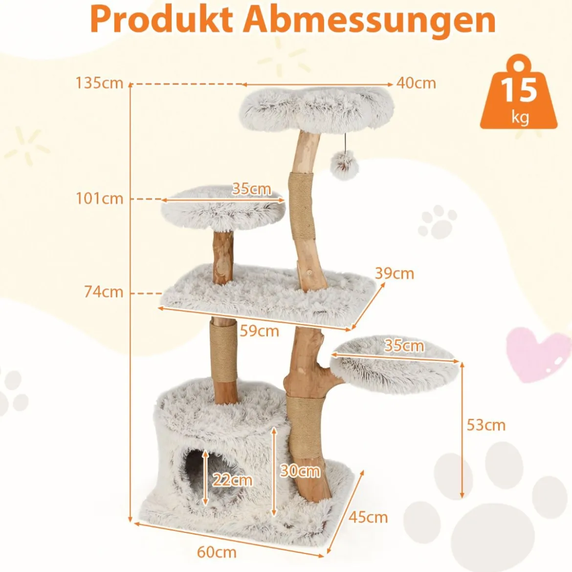 135cm Kratzbaum Holz Katzenbaum mit Katzenhöhle Plüschsitzfläche Sitzplattform & Ball Weiß