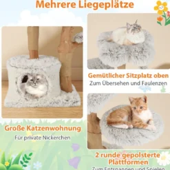 135cm Kratzbaum Holz Katzenbaum mit Katzenhöhle Plüschsitzfläche Sitzplattform & Ball Weiß