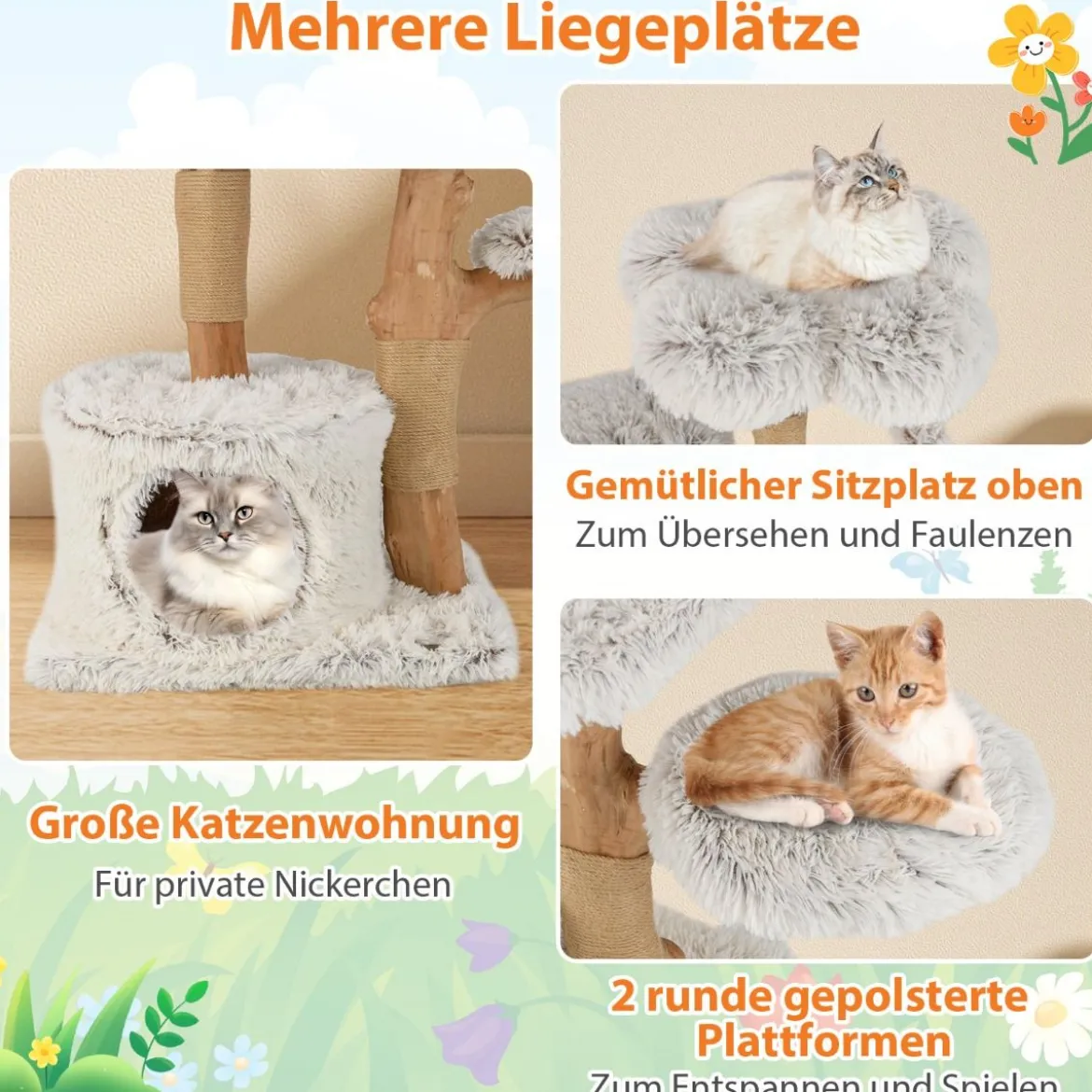 135cm Kratzbaum Holz Katzenbaum mit Katzenhöhle Plüschsitzfläche Sitzplattform & Ball Weiß