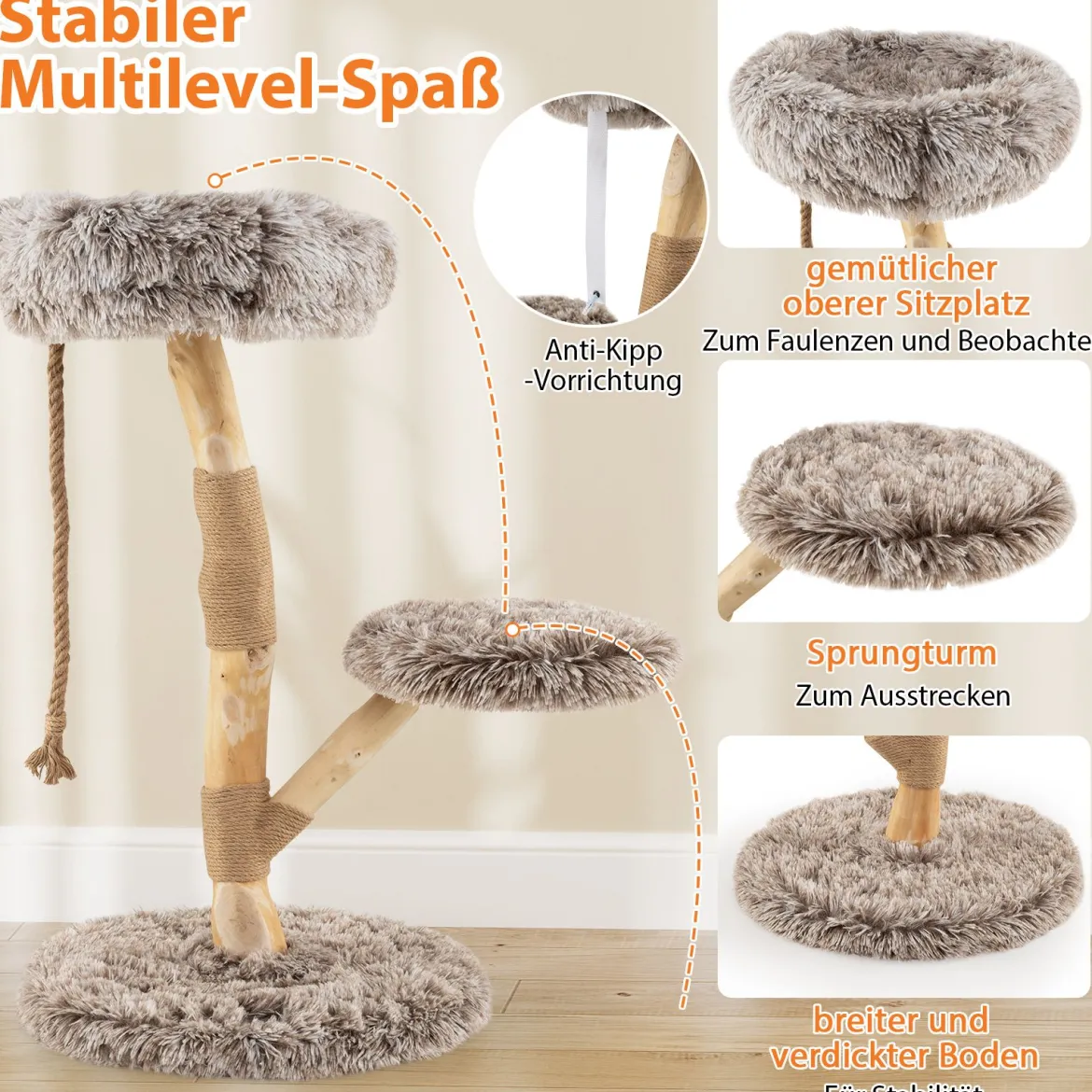 90 cm Kratzbaum Holz Katzenbaum mit 3 Plüschsitzflächen Seil & Kratzpfosten aus Jute Katzenturm Katzenmöbel Massivholz Braun+Natur