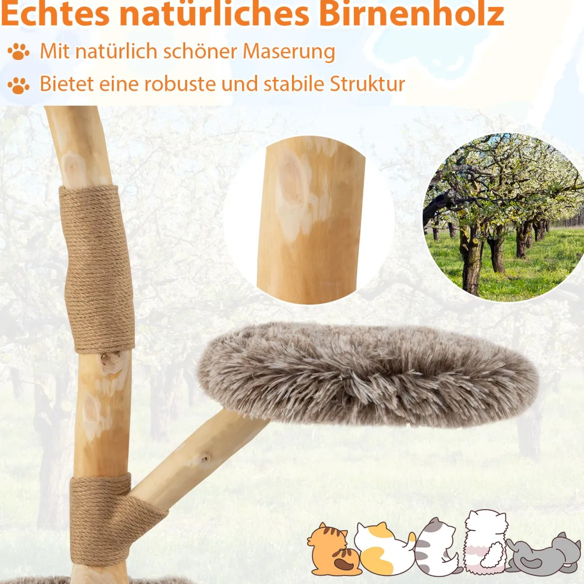 90 cm Kratzbaum Holz Katzenbaum mit 3 Plüschsitzflächen Seil & Kratzpfosten aus Jute Katzenturm Katzenmöbel Massivholz Braun+Natur