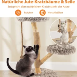 90 cm Kratzbaum Holz Katzenbaum mit 3 Plüschsitzflächen Seil & Kratzpfosten aus Jute Katzenturm Katzenmöbel Massivholz Braun+Natur