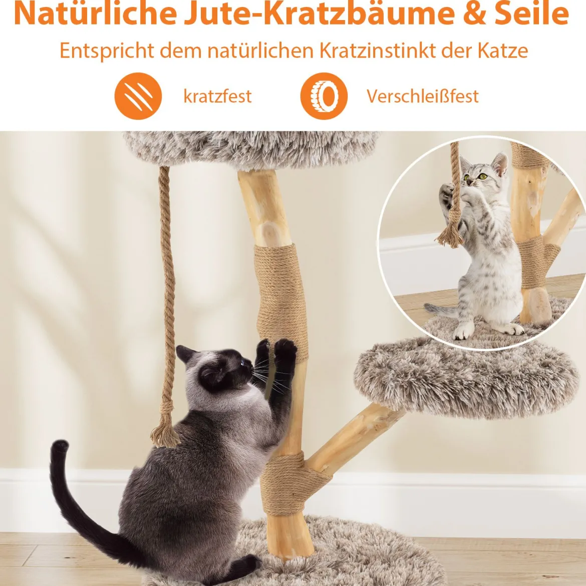 90 cm Kratzbaum Holz Katzenbaum mit 3 Plüschsitzflächen Seil & Kratzpfosten aus Jute Katzenturm Katzenmöbel Massivholz Braun+Natur
