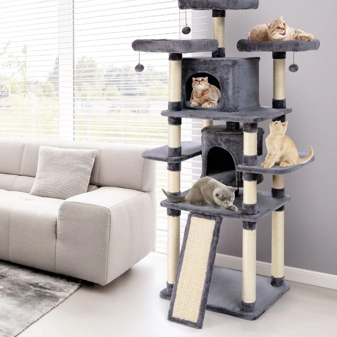 170cm Kratzbaum Kletterbaum Katzenbaum Katzenkratzbaum Kratzmöbel Kratzstämme Höhle mit Spielbälle