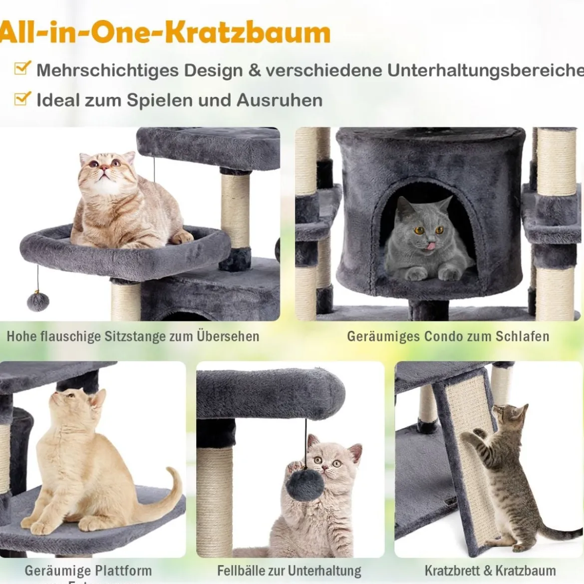170cm Kratzbaum Kletterbaum Katzenbaum Katzenkratzbaum Kratzmöbel Kratzstämme Höhle mit Spielbälle