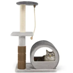 92 cm Kratzbaum mit Bambus Höhle & Kratzbrett & Pflegebürste & Ball & Plüschsitz Grau