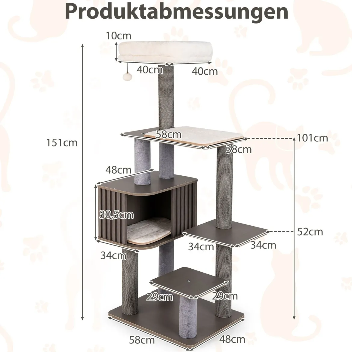 151 cm Kratzbaum mit Katzenhöhle & Kratzpfosten & Ball & Abnehmbaren Matten Katzenbaum