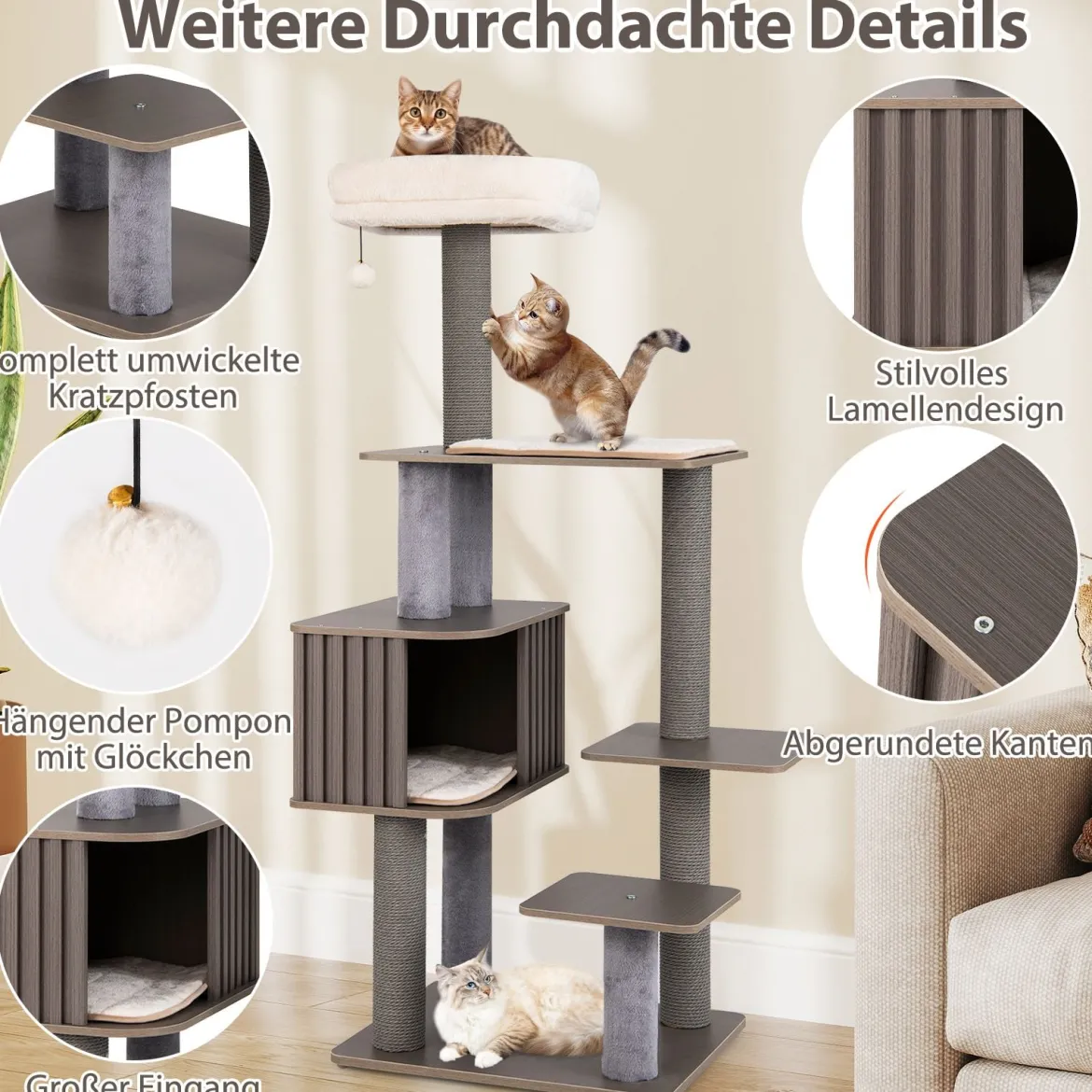 151 cm Kratzbaum mit Katzenhöhle & Kratzpfosten & Ball & Abnehmbaren Matten Katzenbaum