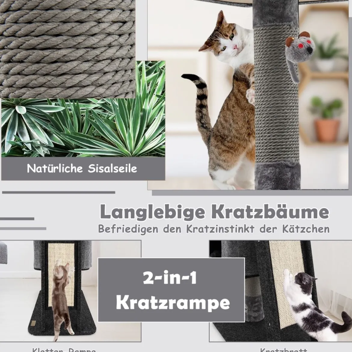 108 cm Kratzbaum mit Katzenhöhle & Kratzrampe & Kratzbrett & Ball Katzenbaum Kletterbaum Grau