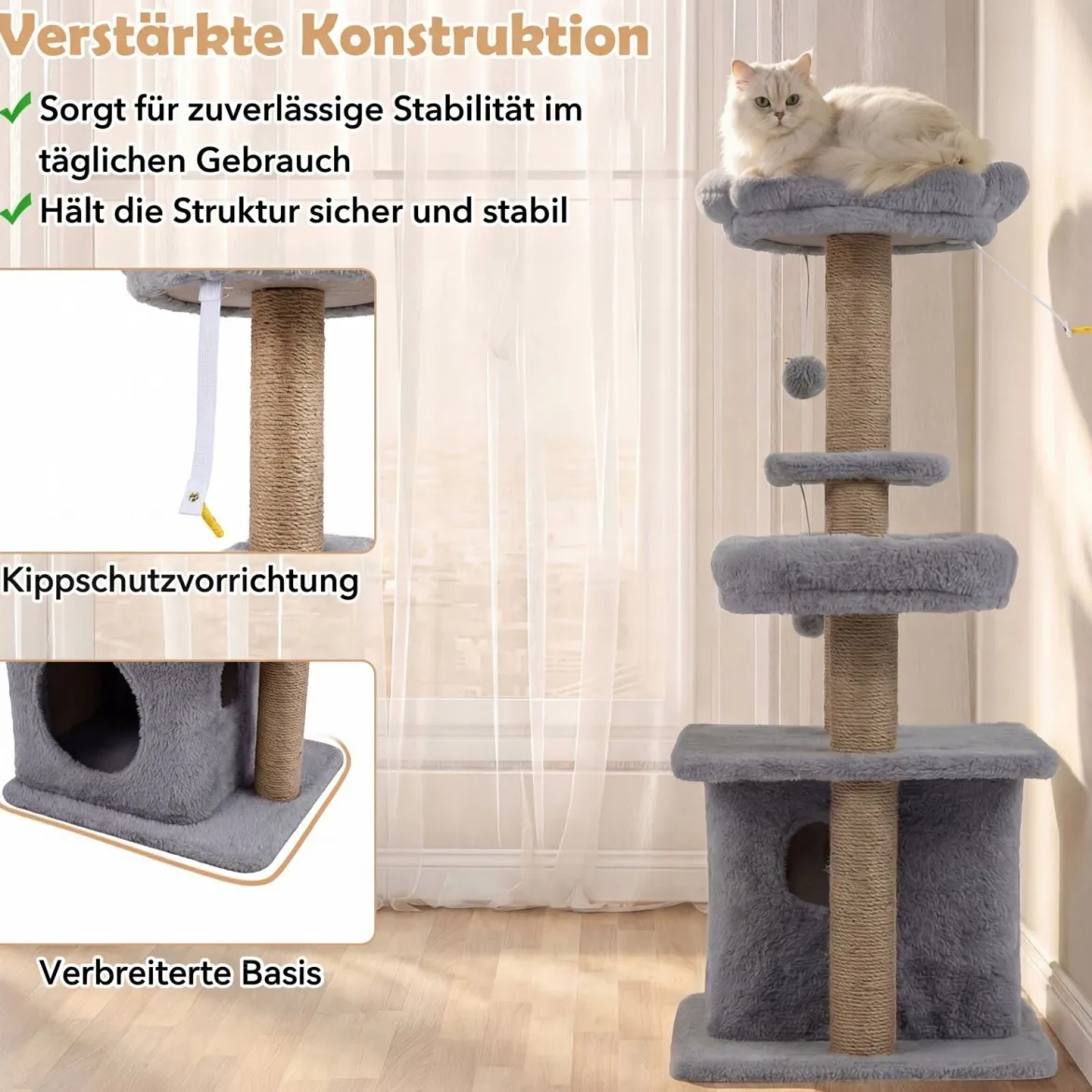 96 cm Kratzbaum mit Katzenhöhle & Plattform & Bett & 2 Bällen Katzenturm Katzenkratzbaum Grau