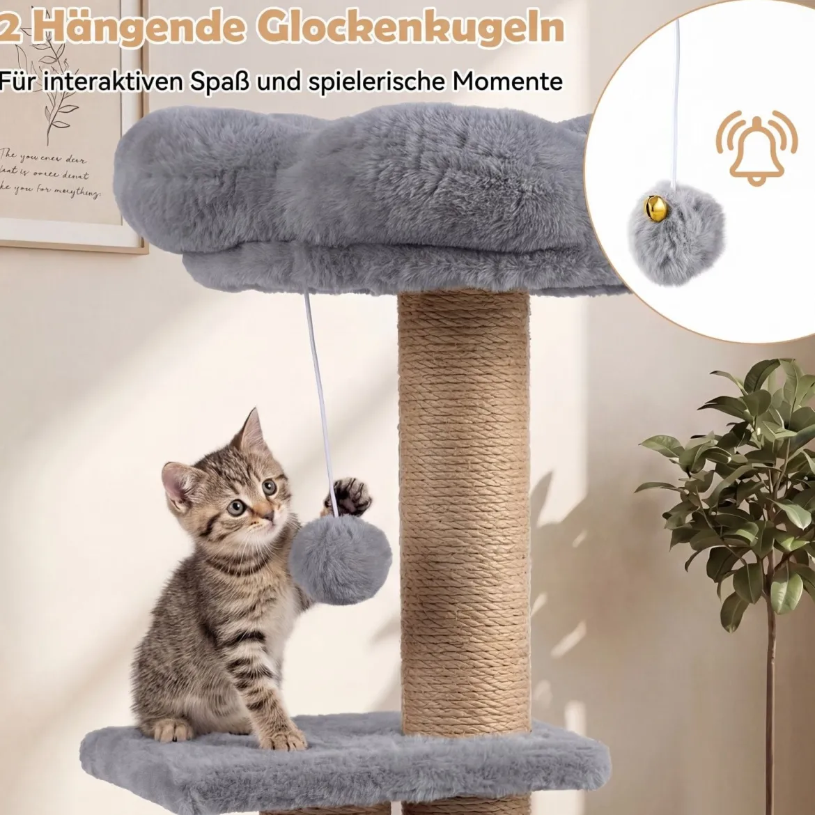 96 cm Kratzbaum mit Katzenhöhle & Plattform & Bett & 2 Bällen Katzenturm Katzenkratzbaum Grau