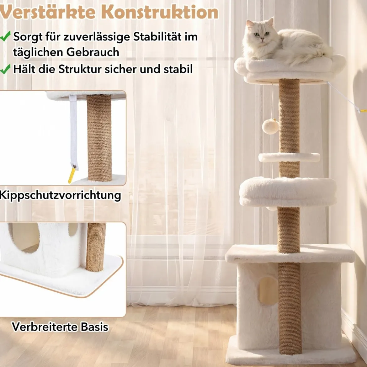 96 cm Kratzbaum mit Katzenhöhle & Plattform & Bett & 2 Bällen Katzenturm Katzenkratzbaum Beige