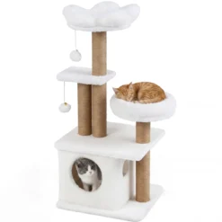 96 cm Kratzbaum mit Katzenhöhle & Plattform & Bett & 2 Bällen Katzenturm Katzenkratzbaum Beige