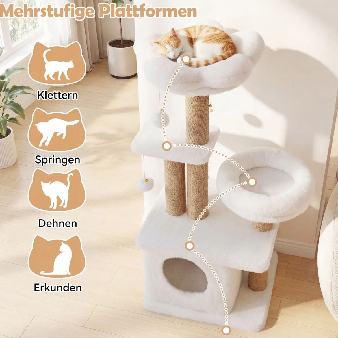 96 cm Kratzbaum mit Katzenhöhle & Plattform & Bett & 2 Bällen Katzenturm Katzenkratzbaum Beige