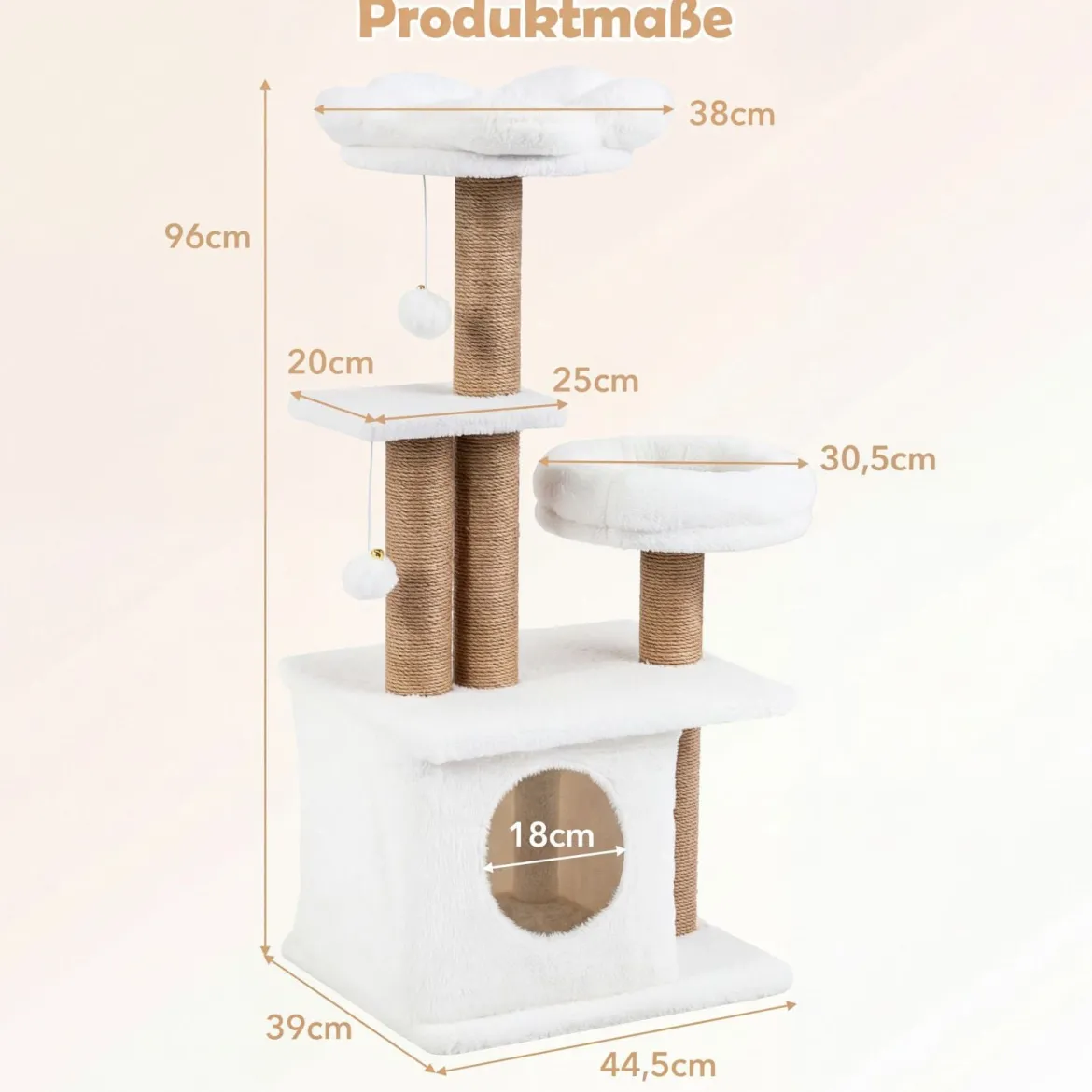 96 cm Kratzbaum mit Katzenhöhle & Plattform & Bett & 2 Bällen Katzenturm Katzenkratzbaum Beige