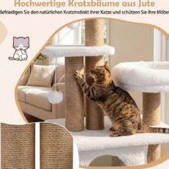 96 cm Kratzbaum mit Katzenhöhle & Plattform & Bett & 2 Bällen Katzenturm Katzenkratzbaum Beige