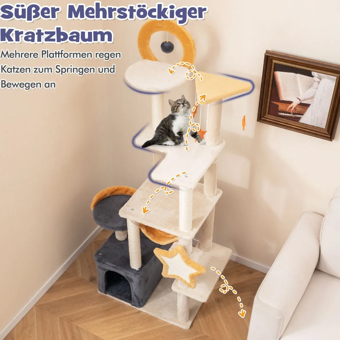 160 cm Kratzbaum mit Sisal-Kratzpfosten & -Brett & Haus Mehrstöckiger Katzenbaum Katzenturm