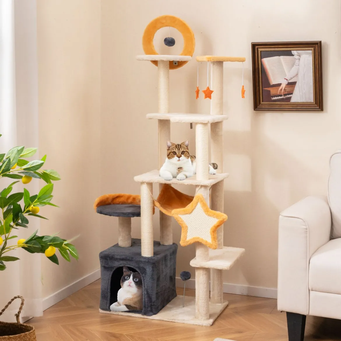 160 cm Kratzbaum mit Sisal-Kratzpfosten & -Brett & Haus Mehrstöckiger Katzenbaum Katzenturm
