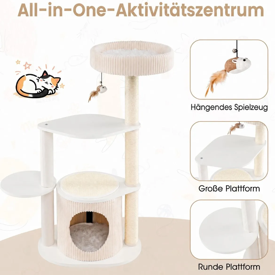 105 cm Kratzbaum mit Sisal Kratzstämmen Kleiner Katzenbaum mit Katzenhäuschen & Katzenbett Weiß