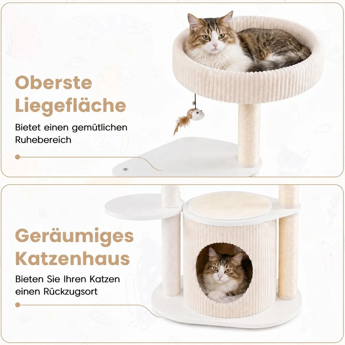105 cm Kratzbaum mit Sisal Kratzstämmen Kleiner Katzenbaum mit Katzenhäuschen & Katzenbett Weiß