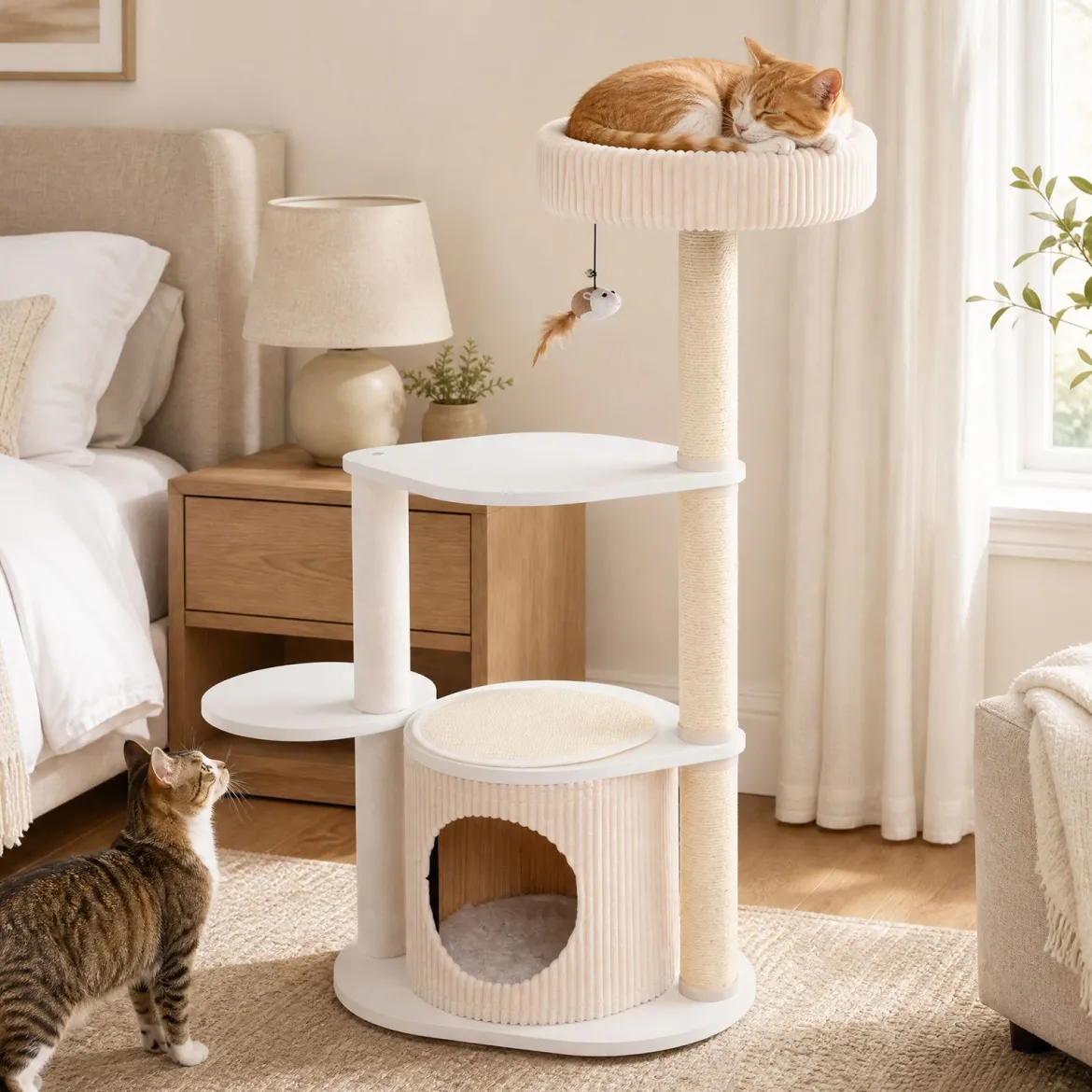 105 cm Kratzbaum mit Sisal Kratzstämmen Kleiner Katzenbaum mit Katzenhäuschen & Katzenbett Weiß