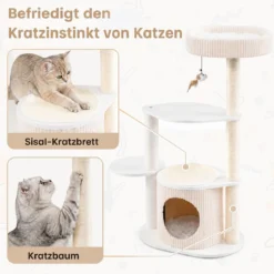 105 cm Kratzbaum mit Sisal Kratzstämmen Kleiner Katzenbaum mit Katzenhäuschen & Katzenbett Weiß